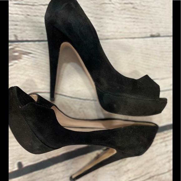 Miu Miu Peep Toe Platform Pumps Women Black Suede Heel Shoes  37.5/US 7 - Picture 3 of 16